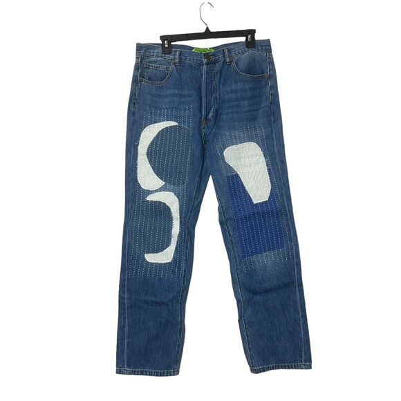 Sandrine Rose Patchwork Straight Leg High Rise Jeans Ocean Blue Women's 27 NWT - Picture 1 of 8